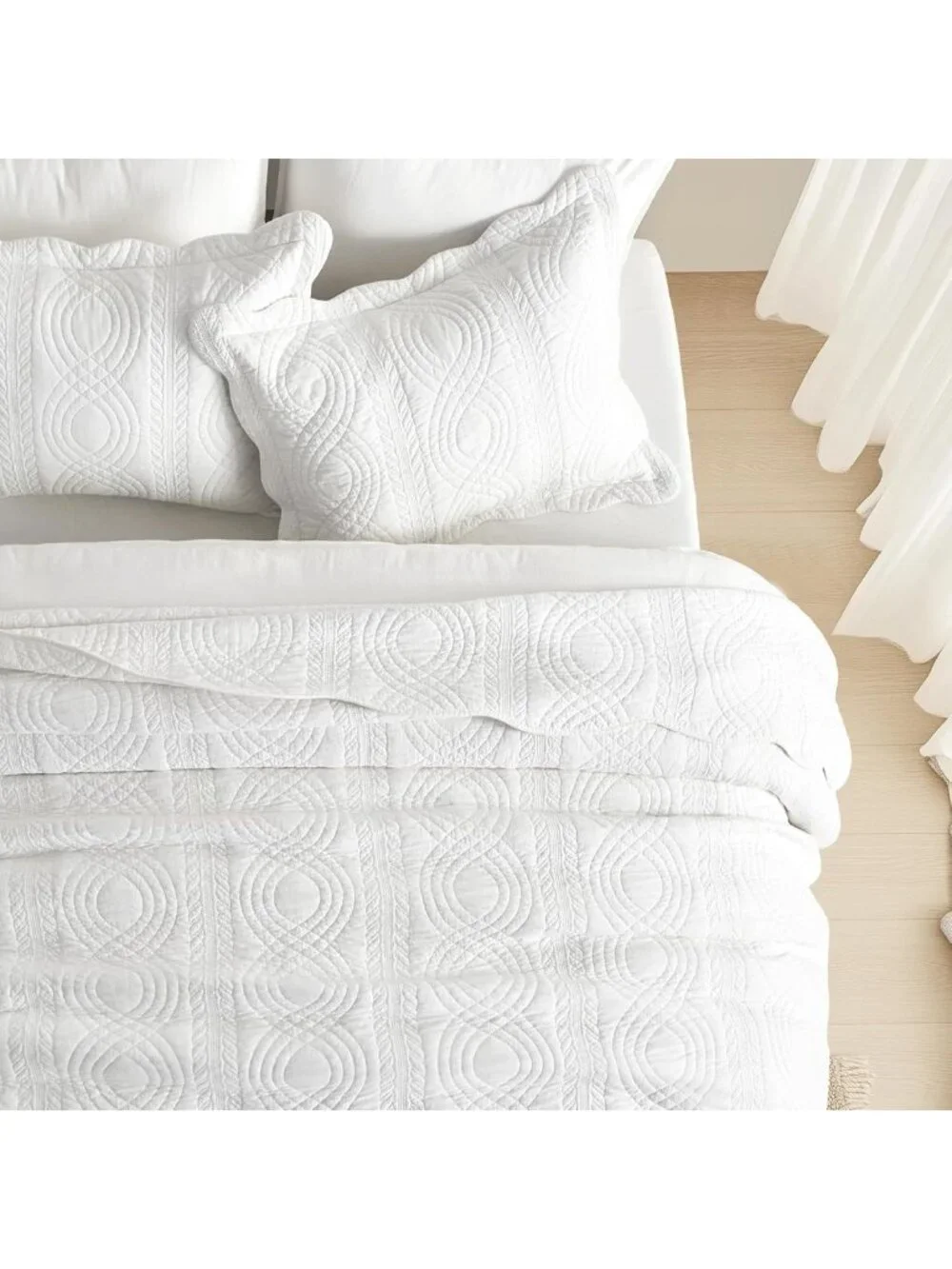 Queen Size 100% Cotton Scalloped Quilt Set - Bright White Bedding for Cozy